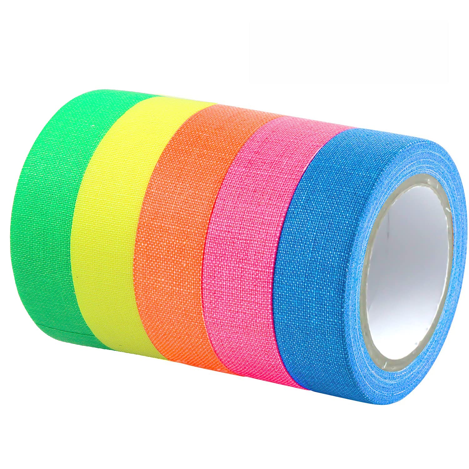 smatime Fluorescent Cloth Tape, 5 Rolls Fluorescent Cloth Tape Luminous Neon Gaffer Tapes Self Adhesive UV Blacklight Reactive Spike Tape Glow in the Dark Light Party Supplies(12.7mm x 5 m per Roll)