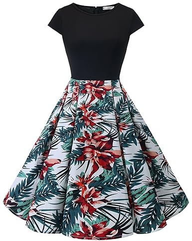 Homrain Damen 1950er Vintage Rundhals Cocktail Party Casual Rockabilly Kleid