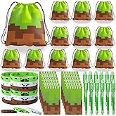WLBBLQDIE Pixel Theme Party Favors, Miner Game Birthday Party Supplies & Goodie Bags for Kids, Include Drawstring Bags Notebook Silicone Bracelet Highlighter for Gifts Fillers
