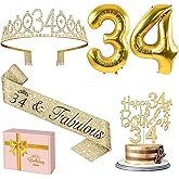 34th Birthday Decorations for Women Gold with 34th Birthday Sash and Crown, Cake Topper and Candles, Number Balloons, 34 Year Old Gifts for Women