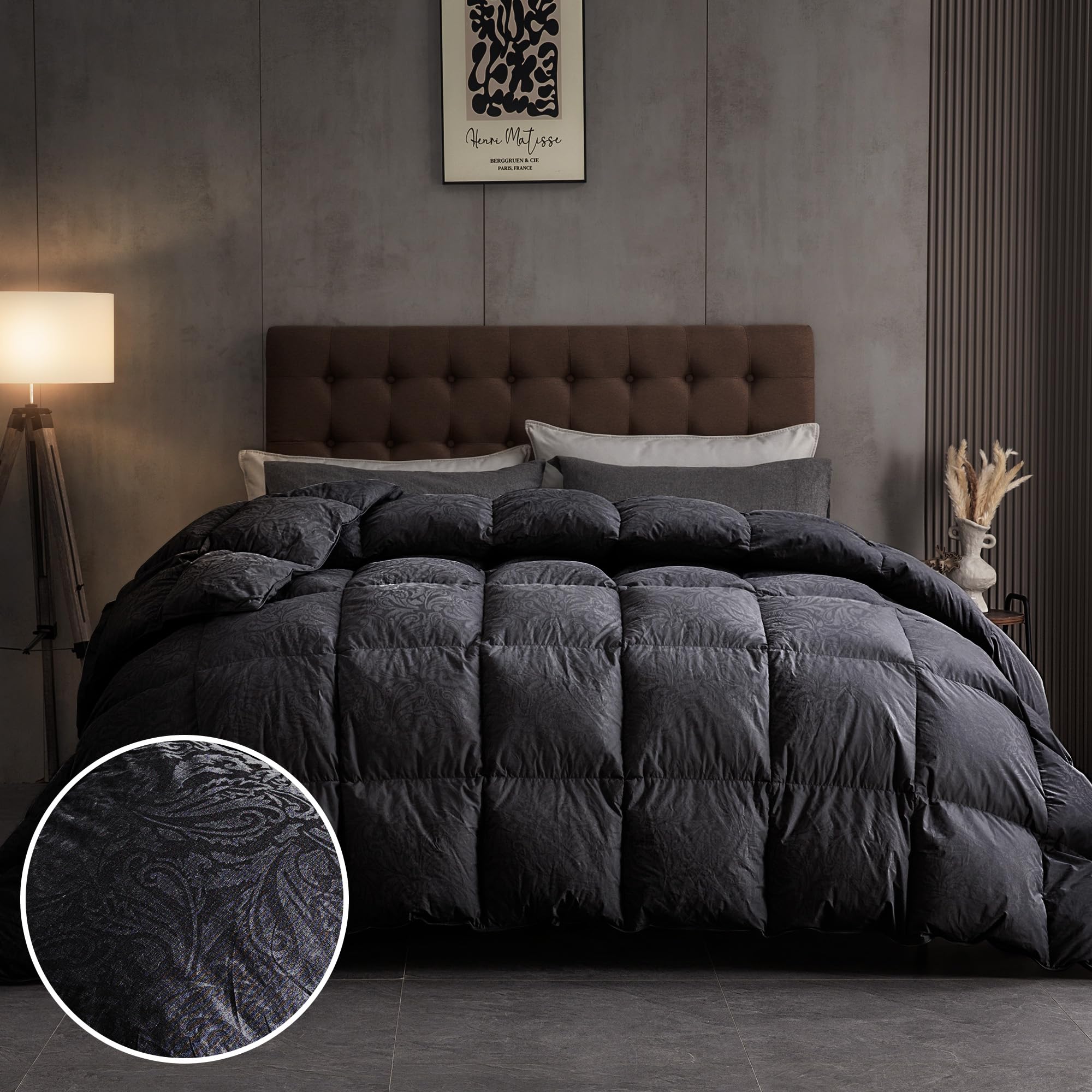 Photo 1 of DAICO Goose Feather Down Comforter King Size, All Season Luxury Hotel Fluffy Duvet Insert, Ultra Soft 100% Cotton Shell with 8 Corner Tabs, Paisley Design (106x90'', Black)