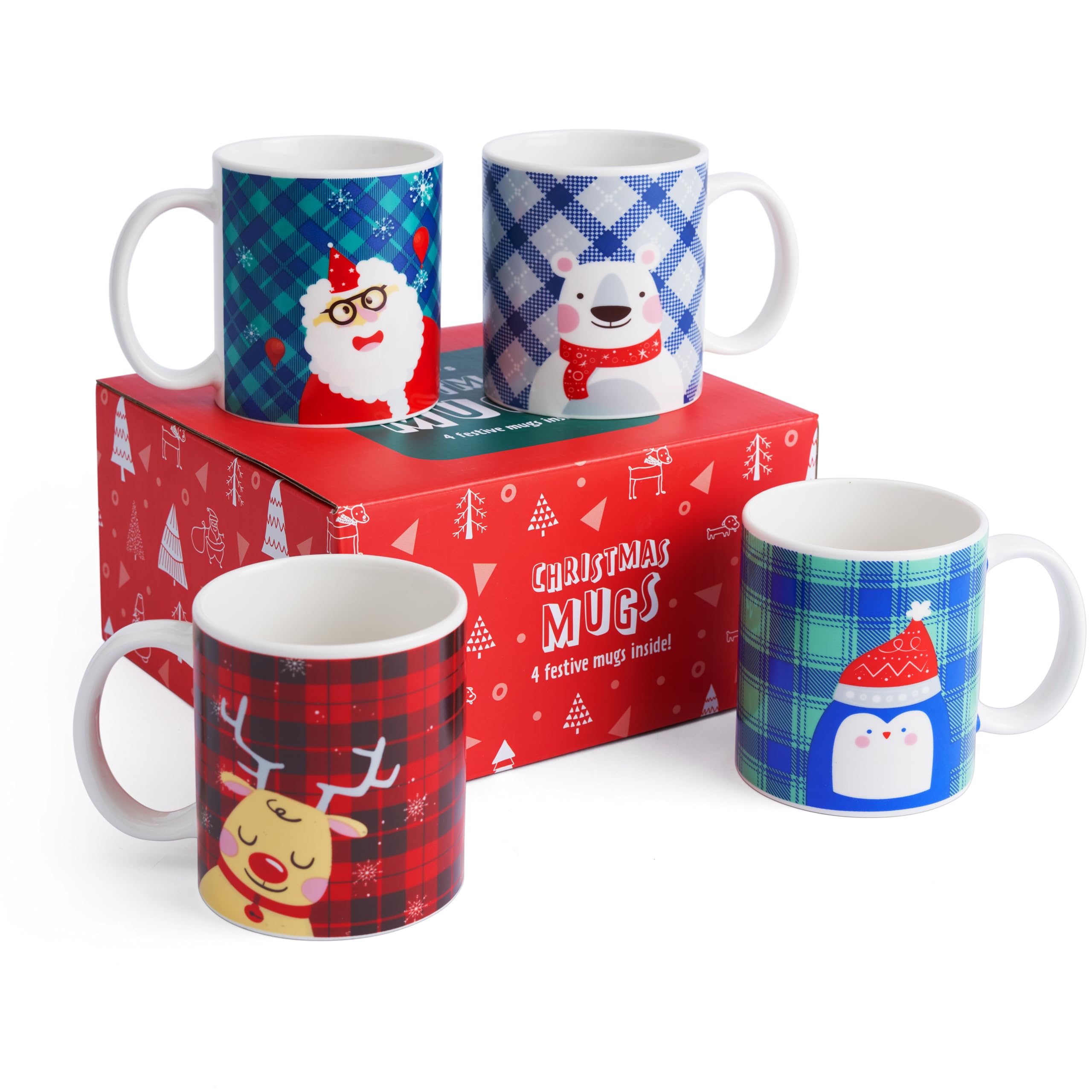 THE TWIDDLERS 4 Pack Christmas Mugs in Gift Box, 340ml Fine Porcelain Hot Chocolate Cups, Assorted Santa, Penguin & Reindeer Designs, Festive Tableware for Secret Santa & Christmas Eve Boxes