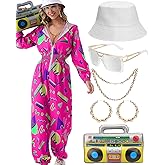 VillbeCoser Hoodies Jumpsuit 80s 90s Outfits for Women Tracksuit Costume One Piece Windbreaker Hip Hop Neon Party