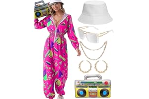 80s 90s Neon Costume Tracksuit Outfit Women Hoodies Jumpsuit Set One Piece Windbreaker Hip Hop Rapper Suit