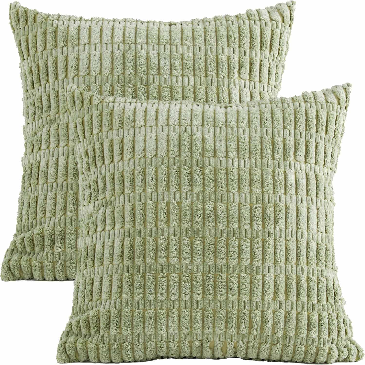 Tennove Cushion Covers 40x40cm Soft Corduroy Square Cushions Pillow Covers Set of 2 Boho Striped Decorative Throw Pillow Cases for Farmhouse Home Sofa Decor, Light Green