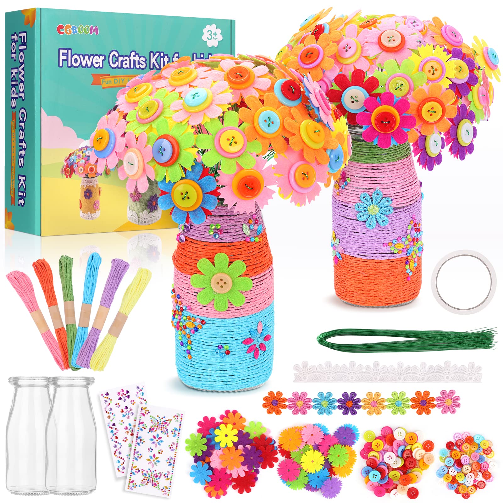 CGBOOM Flowers Crafts Toy Kit for Kids, Fun DIY Craft Kit for Girls Boys Kids Arts, 2 Glass Flower Vase, Colorful Button, Felt Flowers, Mother's Day, Birthday Festival Gift for 5 6 7 8 9 10 Age
