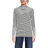 Lands' End Women Long Sleeve Relaxed Cotton Mock Black Even Stripe Tall Large