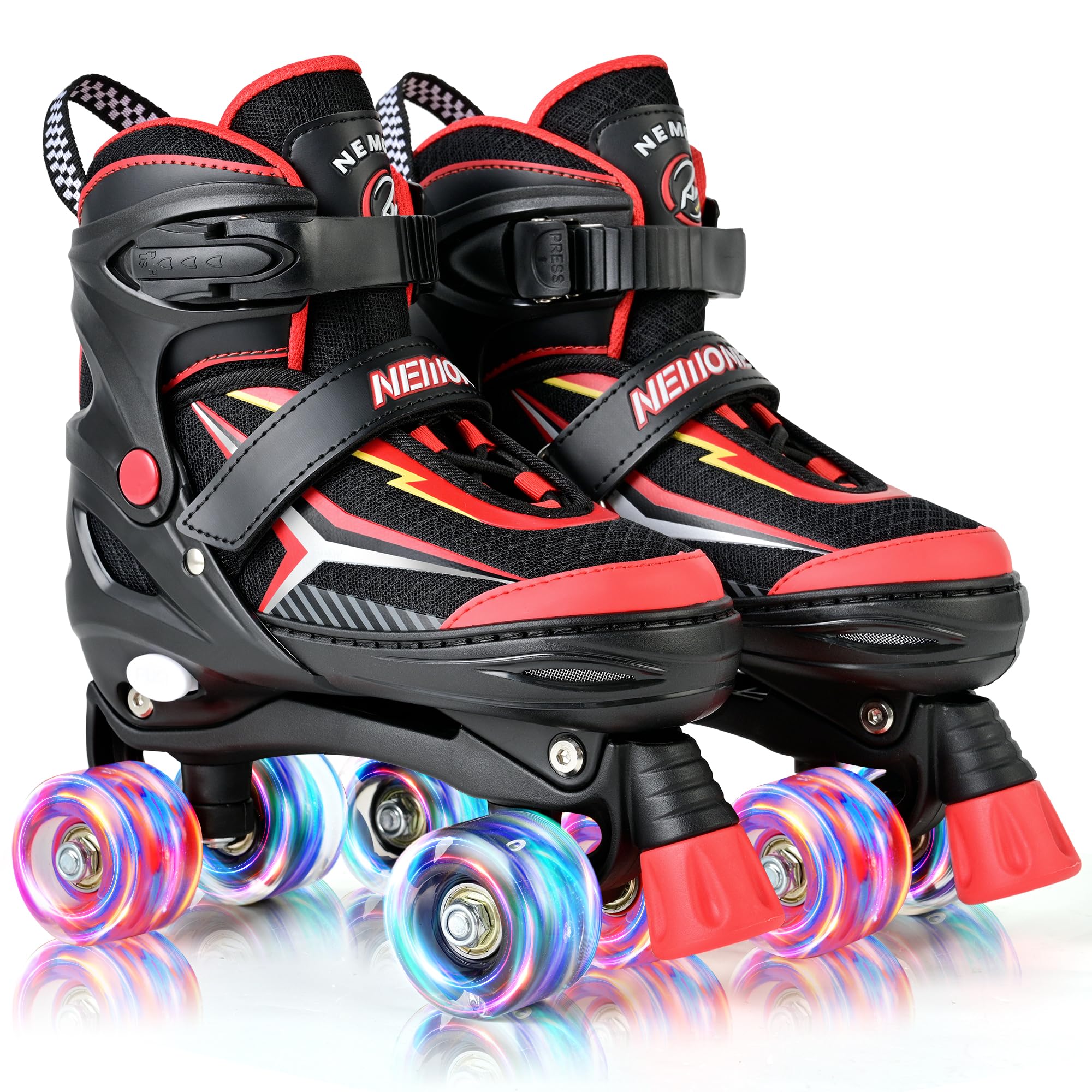 NEMONE Roller Skates for Boys Kids Ages 4-6 5-8 6-12 8-12 with 4 Sizes Adjustable Light up Wheels, Todder Beginner Rollerskates Indoor Outdoor Sports Black Red S Image