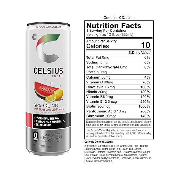 CELSIUS SPARKLING WATERMELON LEMONADE, SUGAR FREE ENERGY DRINK, 12 FL OZ (PACK OF 12)