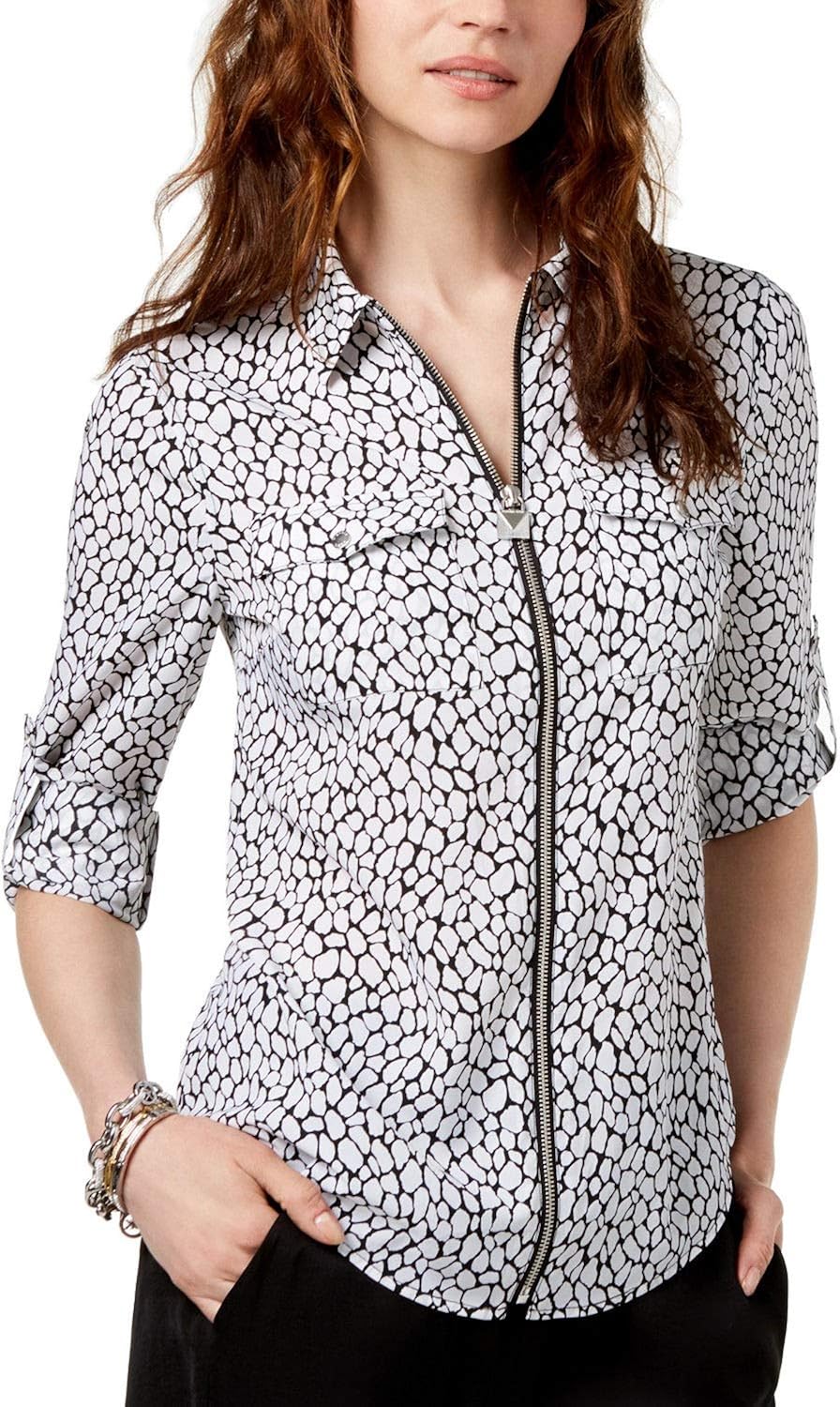 Michael Kors Printed Zip-Up Shirt (Blackwhite, Medium) at Amazon Women 