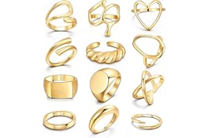 FAXHION 12PCS Gold Stackable Rings Set for Women, 18K Gold Plated Open Stacking Knuckle Ring, Adjustable Chunky Signet Band Statement Ring for Gift