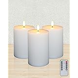 Gmnee 3"x4" White Ribbed Flameless Candles - Remote Control & Timer, Set of 3 Large Real Wax Pillar Flickering Battery LED Ca