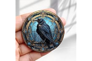 Vintage Fridge Magnet Ornate Stained Glass Raven Design -2.3inch Acrylic Round Refrigerator Sticker Retro Decor Gift Perfect 