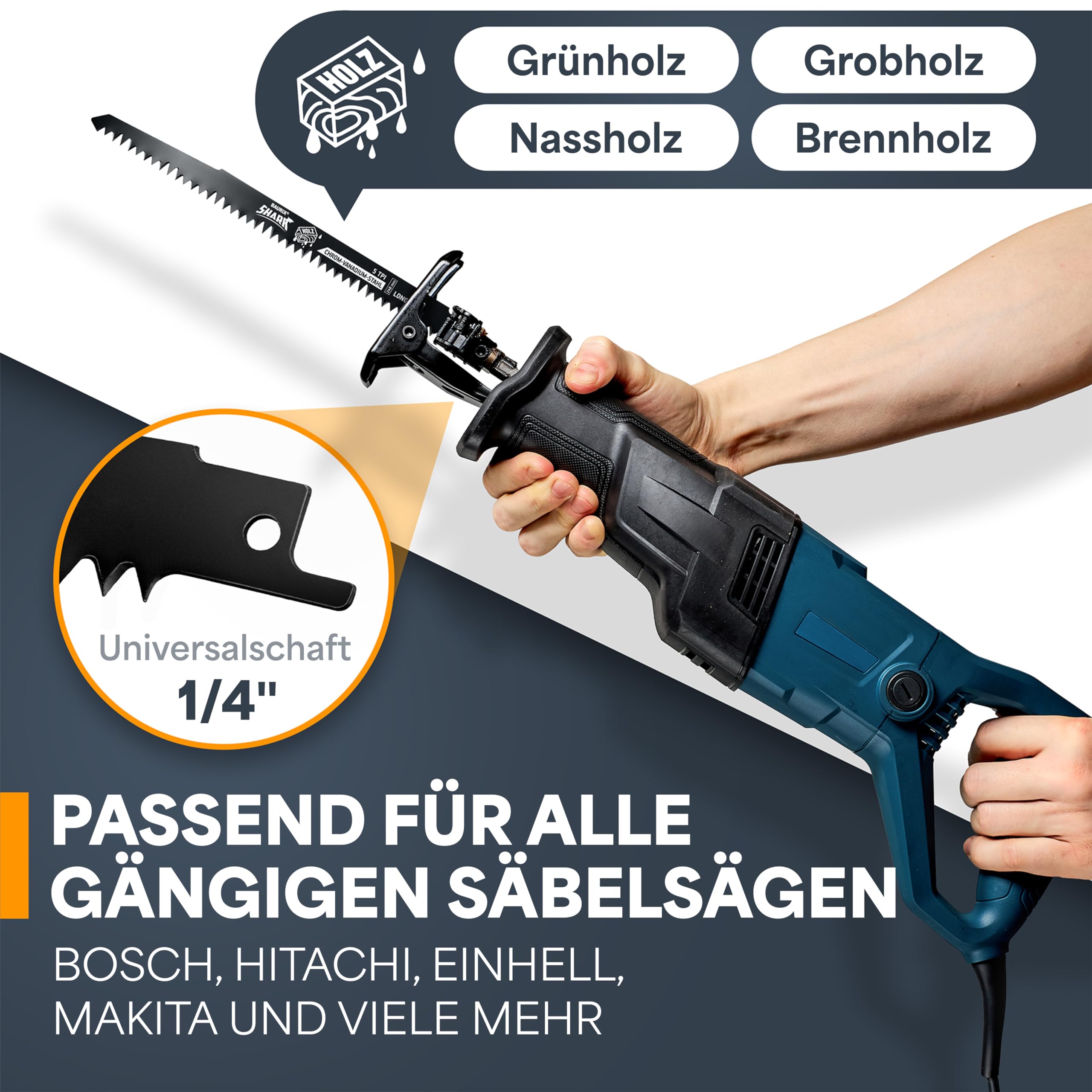 BAURIX® Säbelsägeblätter 240 mm 5er Set – nasses & grobes Holz, 5 TPI 5