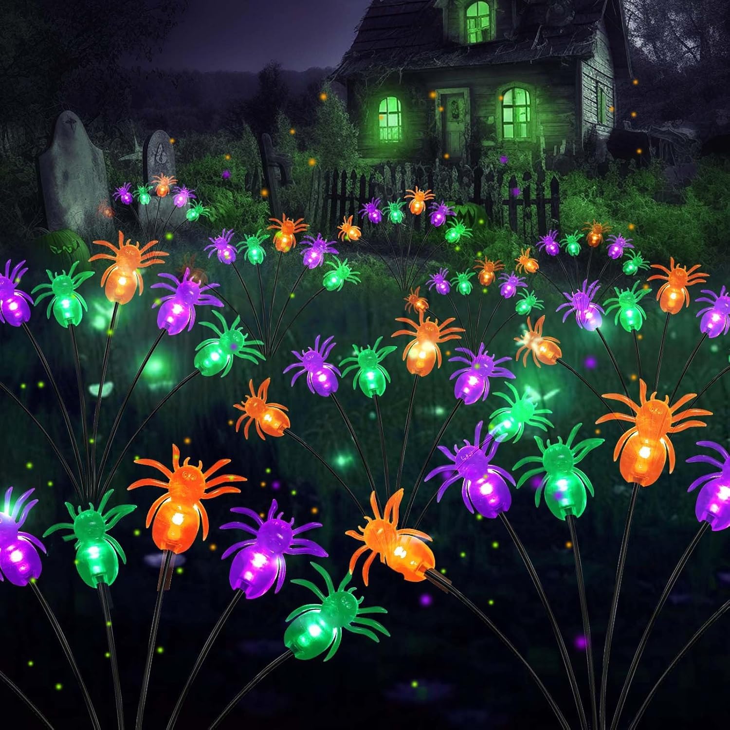 Photo 1 of 6Pack Total 48LED Purple Orange and Green Spider Solar Halloween Lights Outdoor - Solar Firefly Lights Outdoor, Sway by Wind, Waterproof for Garden Patio Pathway Halloween Decorations