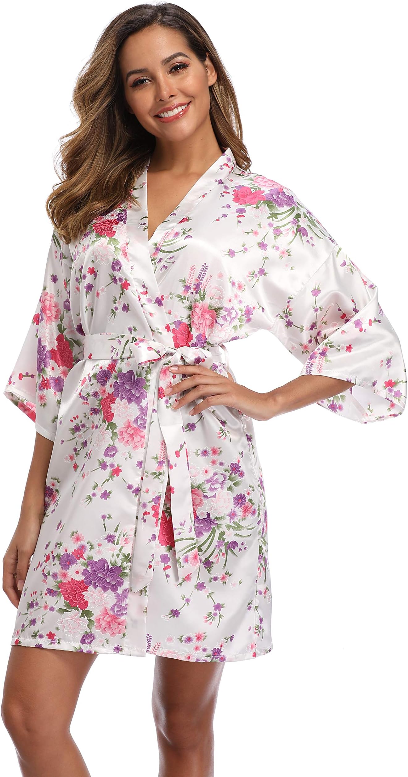 iFigureWomen Floral Kimono Robe Satin Bridal Dressing Gown Bride Bridesmaid Robes Sleepwear