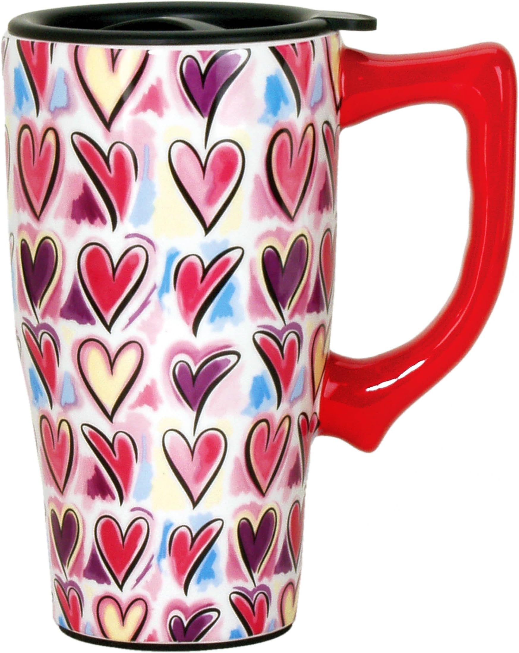 Spoontiques Hearts Ceramic Travel Mug, 5.2 x 3.5 x 6.4 inches, Multi Colored