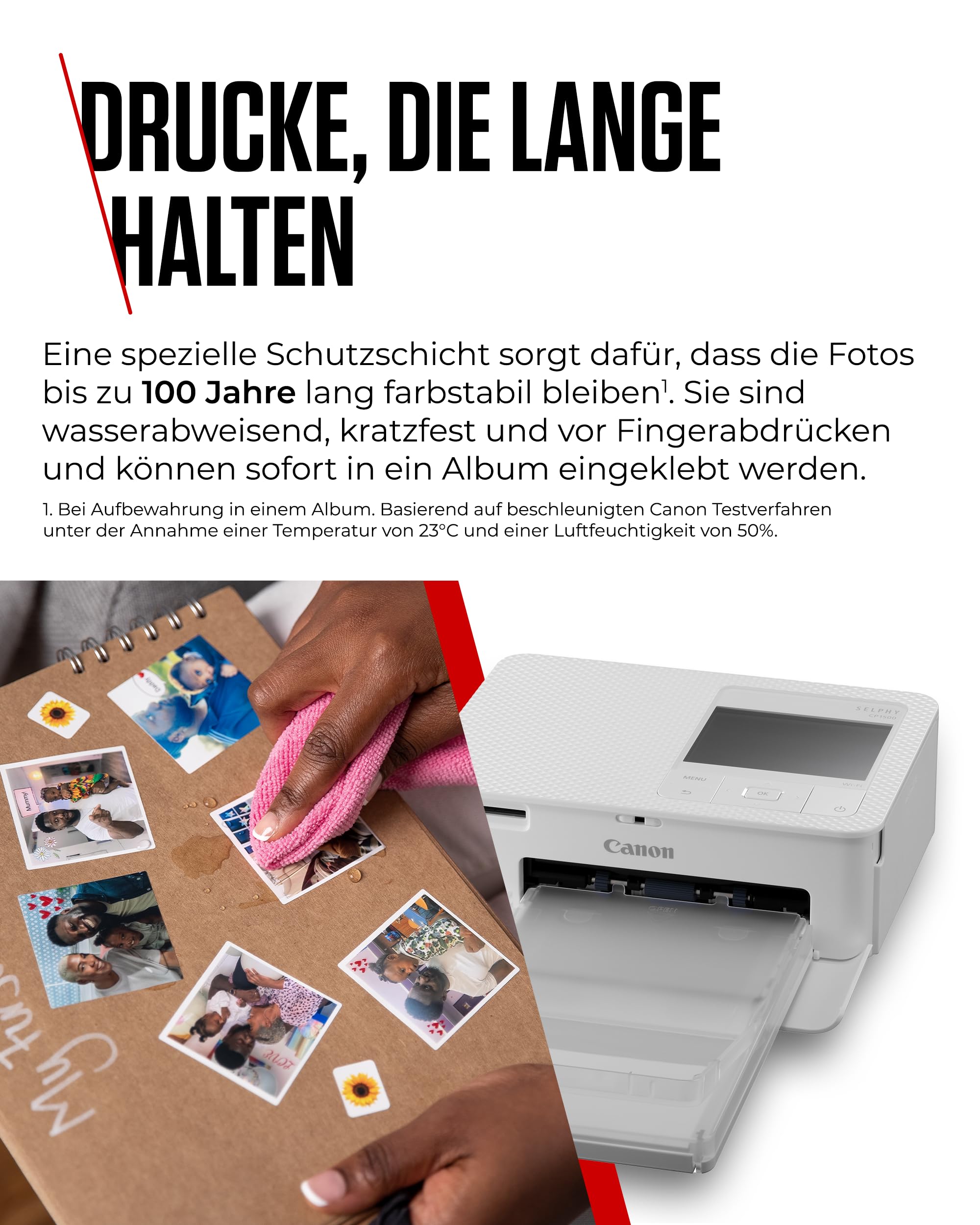 Canon SELPHY CP1500 Mini Fotodrucker mobil tragbar unterwegs (bis Postkartengröße 10x15cm, WLAN, Handy, kabellos, Thermosublimation, App, farbstabil 100 Jahre) weiß [ohne Farbband/Papier, ohne Akku] 4