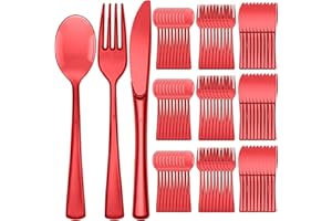 Minatee 150 Pieces Disposable Cutlery Set Plastic Silverware Heavy Duty Utensil Sets 50 Forks 50 Knives 50 Spoons for Home Office School Party Picnics Restaurant Outdoor Events(Red)