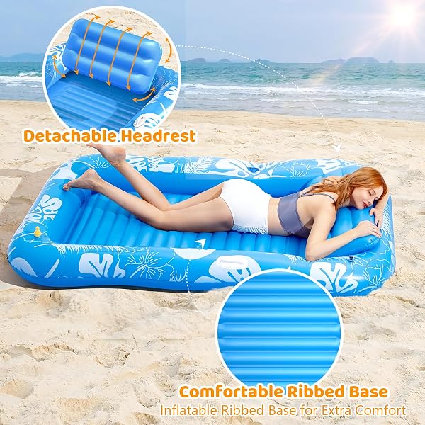 INFLATABLE TANNING POOL LOUNGER FLOAT WITH SPRINKLER, 77″ X 48″ POOL FLOATS ADULT WITH PILLOW, 6 IN 1 SUNTAN TUB RAFT FLOATIE WITH DRINK HOLDER SUNBATHING WATER LOUNGE