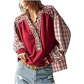 SOLY HUX Women's Plus Size Blouse Floral Plaid V Neck Lantern Long Sleeve Boho Vacation Casual Shirts Tops