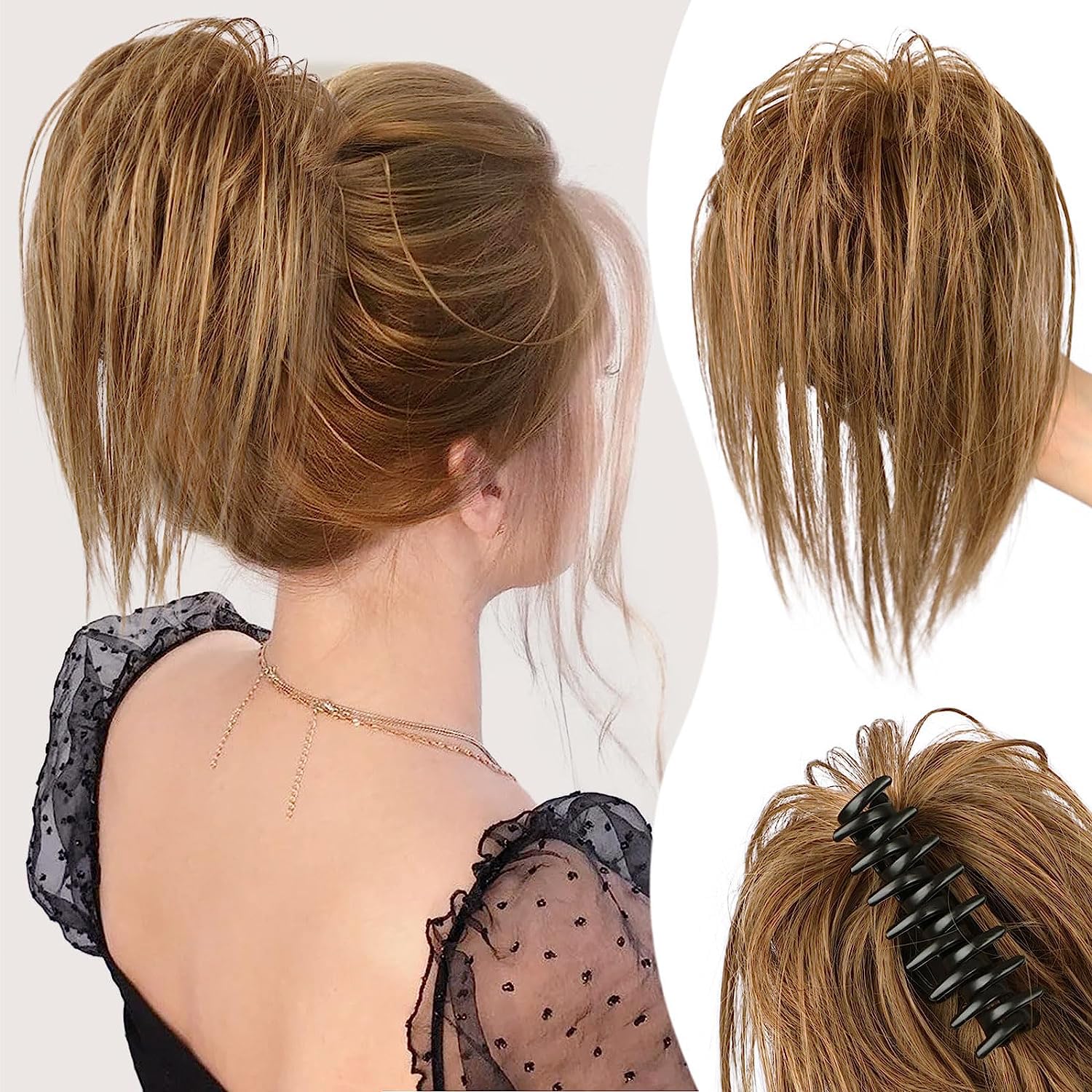 colorfulpanda Claw Clip in Ponytail Hair Extensions 10 Inch, Messy Bun Clip in Hair Scrunchies Natural Straight Synthetic Hairpiece Short Ponytail Bun Hair Chignons for Women Girls,Ginger Brown