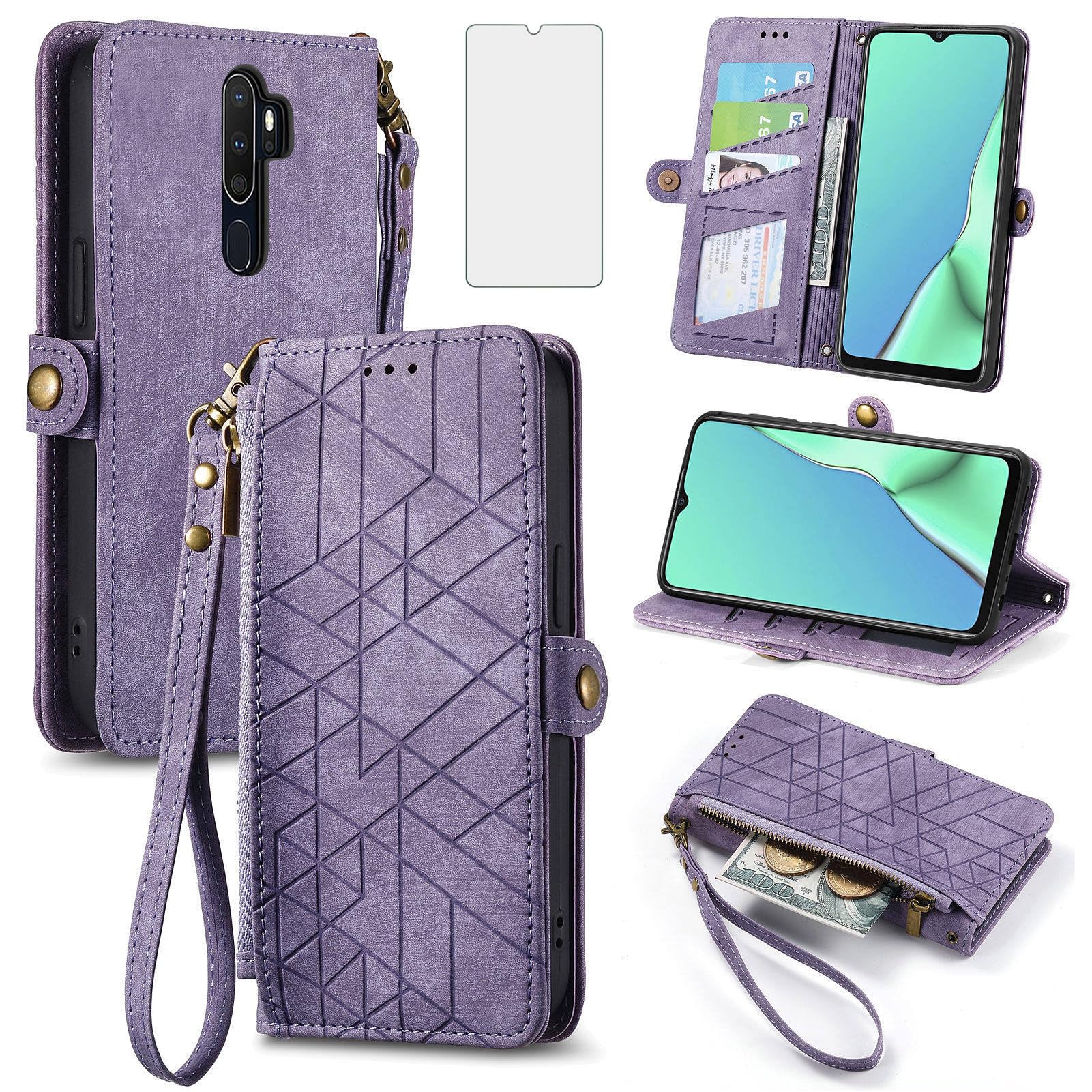 Asuwish Phone Case for OPPO A9 2020/A5 2020/A11/A11x Wallet Cover with Tempered Glass Screen Protector and Wrist Strap Leather Flip Zipper Credit Card Holder Cell Accessories 5A 9A Women Men Purple