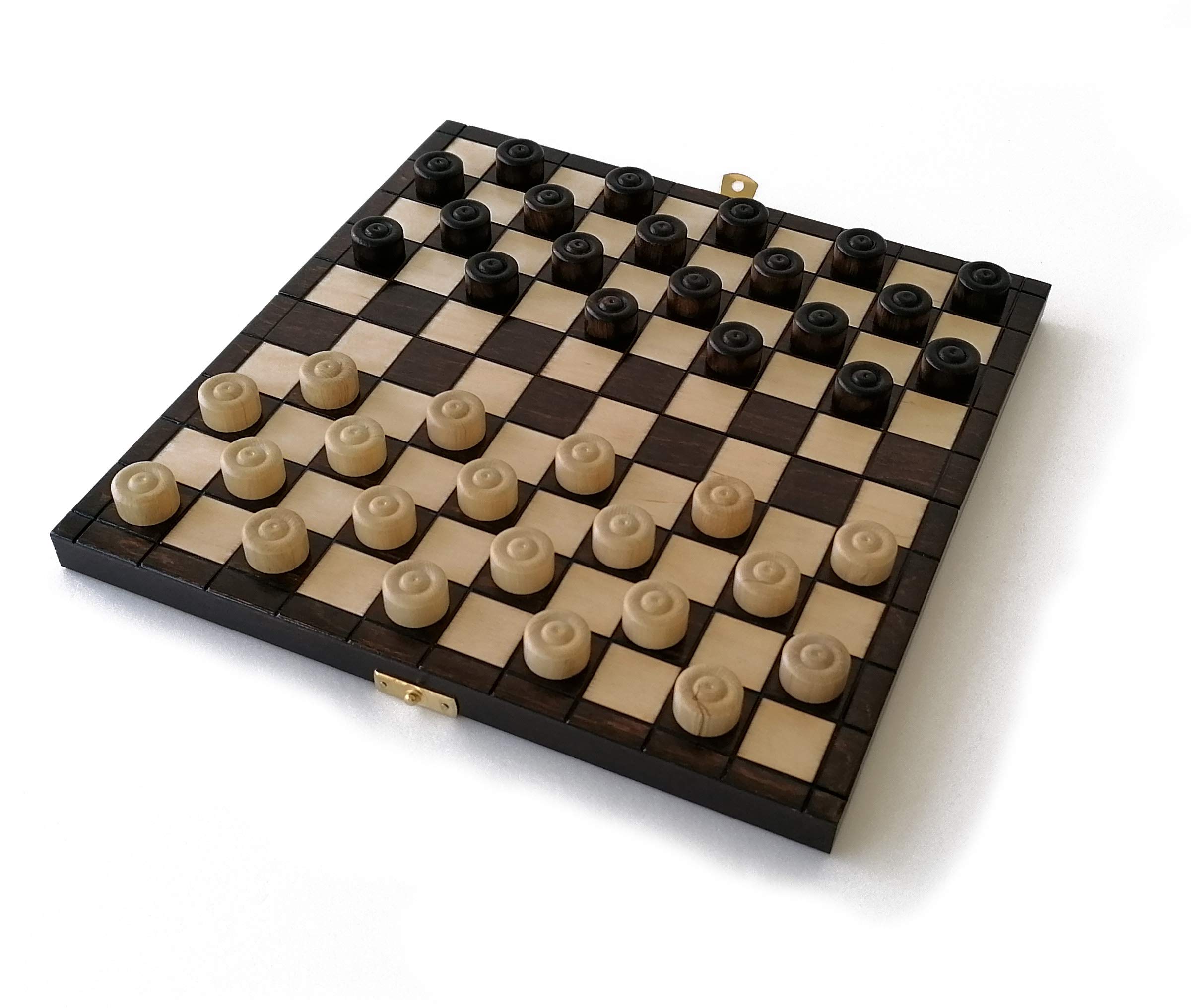 Checkers L - Handcrafted from varnished hornbeam wood. Ecoresponsible. Checkerboard size 11 x 11 in. Foldable board, easy storage, travel game. Brand: Le Délirant®.