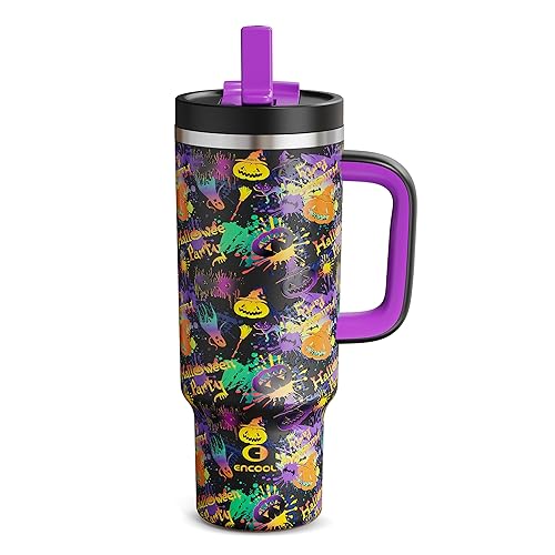40oz Halloween Tumbler with Handle and Straw, Stainless Steel Insulated Water Bottle with Straw, Leak-Proof, Cup Holder Friendly, Keeps Cold 24 H, Gifts for Women Men, Ghost Party