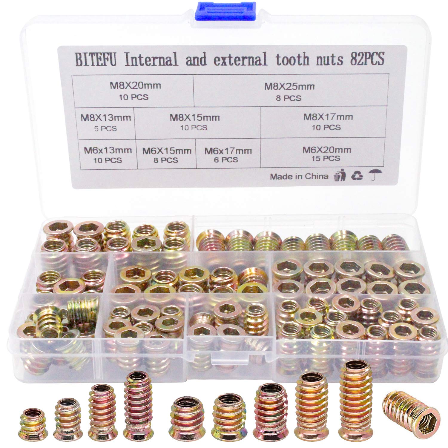 BITEFU 82pcs Insert Nuts M6 M8 Zinc Alloy Hex Socket Screw Threaded