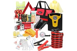 Vetoos Car Roadside Emergency Kit with Jumper Cables, Auto Road Side Safety Kit for Vehicles - with Premium Carry Bag, Portable Air Compressor