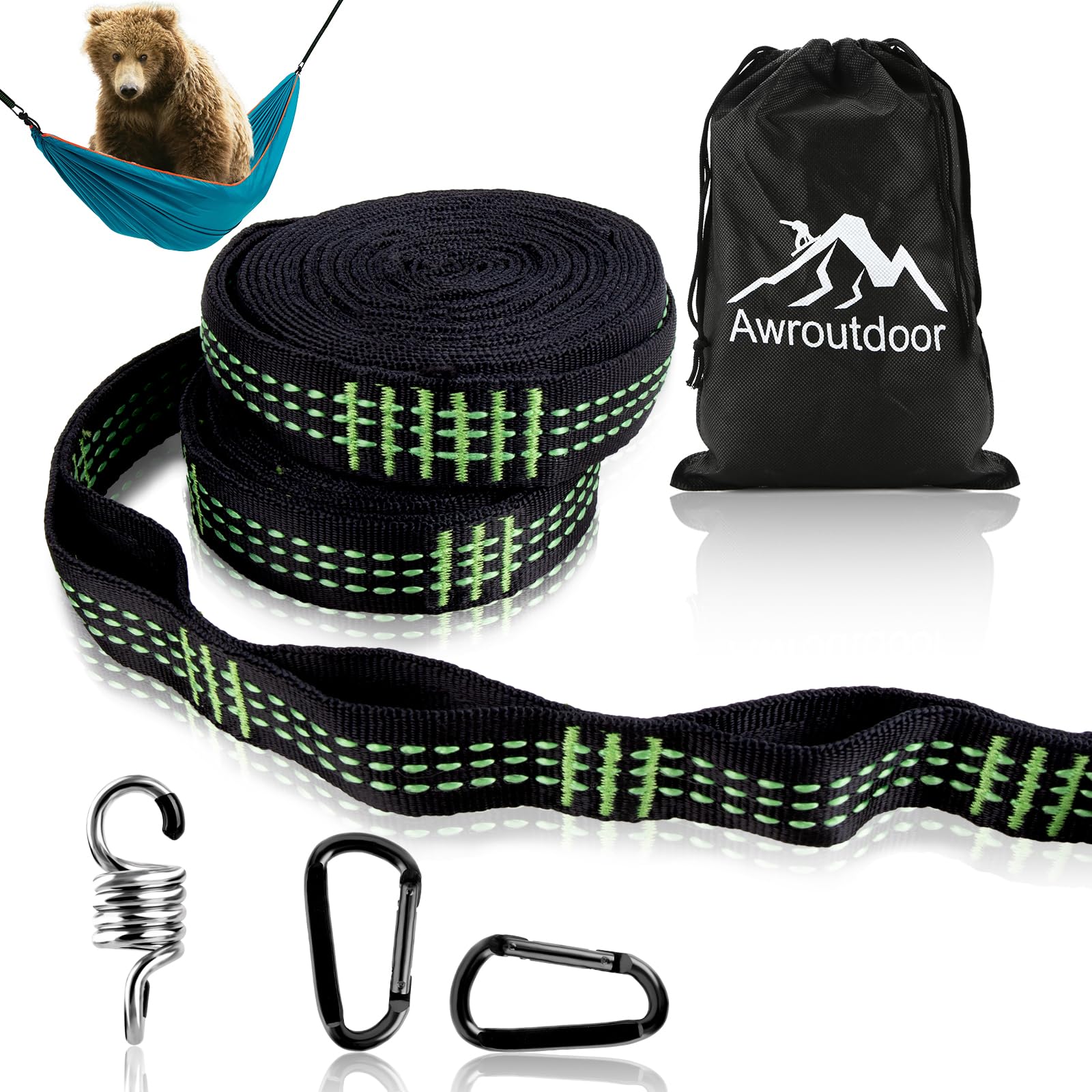 Awroutdoor Tree Swing Straps, 3m Hammock Straps 2 Pack with 2 Carabiners and 1 Shock Absorbing Hook for Swings and Hammocks