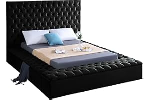 Meridian Furniture Bliss Collection Modern | Contemporary Velvet Upholstered Bed with Deep Button Tufting and Storage Compartments in Rails and Footboard, Black, Queen