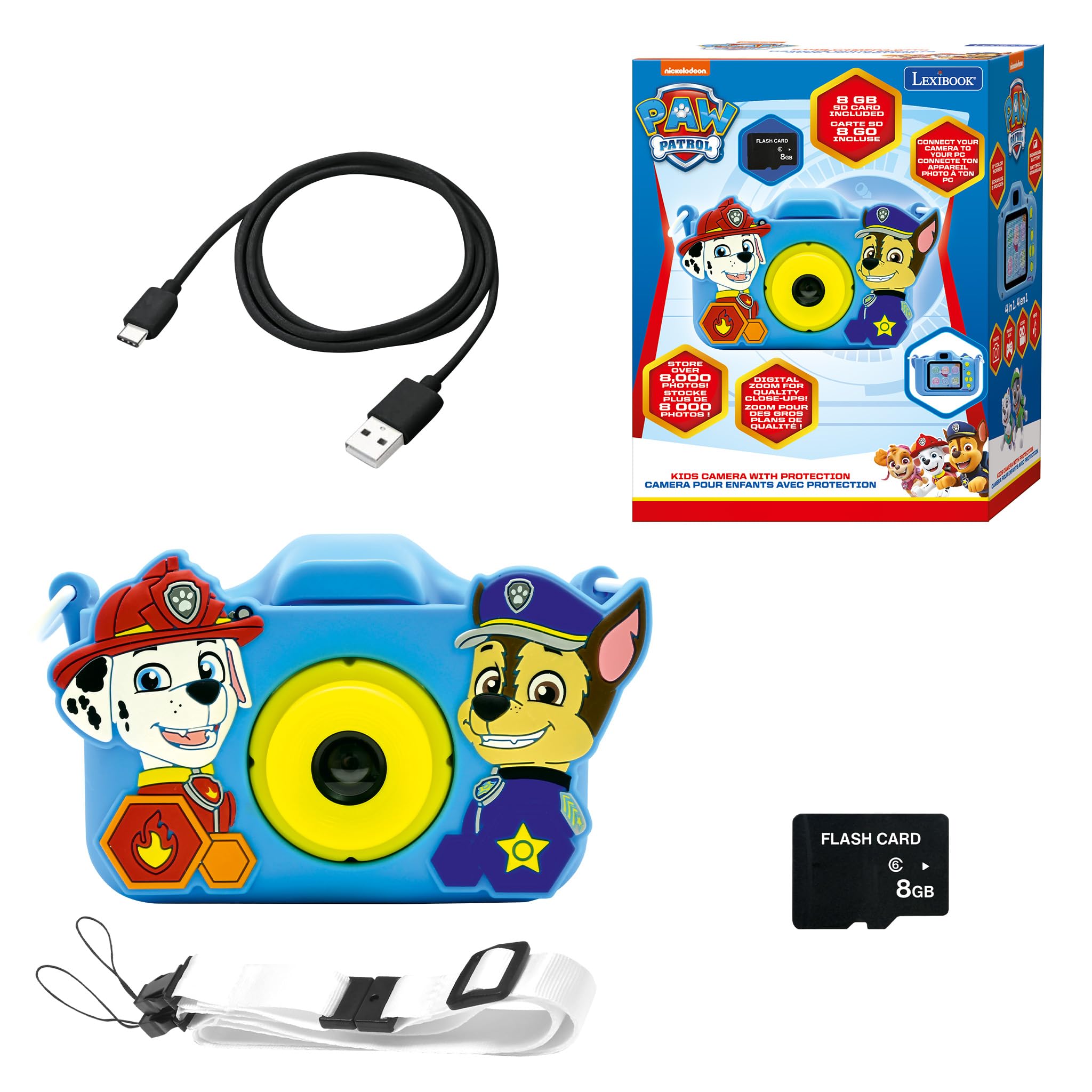 Lexibook DJ078PA Chase, Marshall, Paw Patrol, 4-in-1 camera for children with protection, video, MP3 and game functions, 15 frames to personalise your photos, 8 GB memory card included