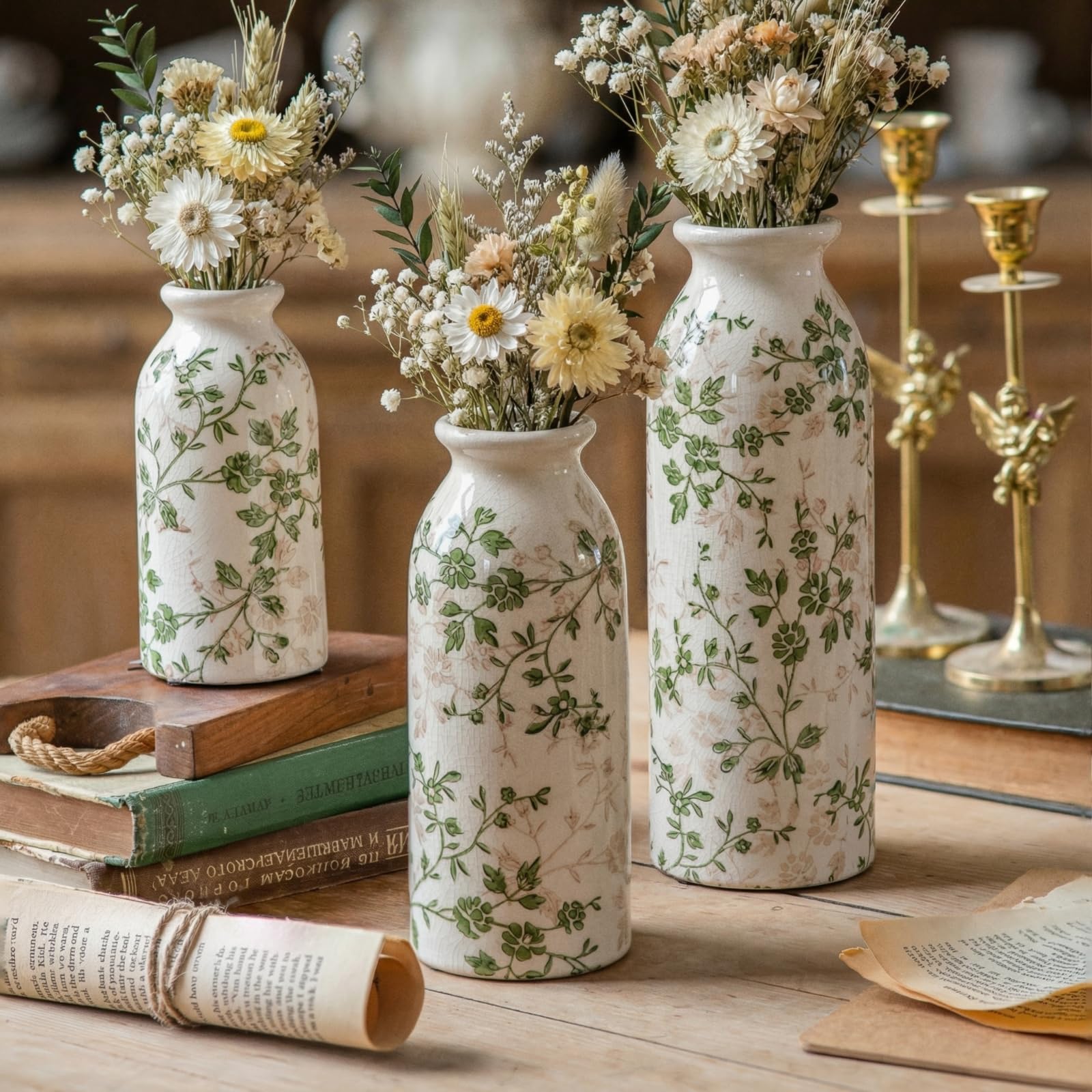 Teweiqi Vintage Vase Set of 3, Ceramic Flower Vases Chinoiserie Decor, Rustic Farmhouse Vases Retro Decorative Vases, for Home Living Room Kitchen Table Mantle Shelf Decor - Green and White Image