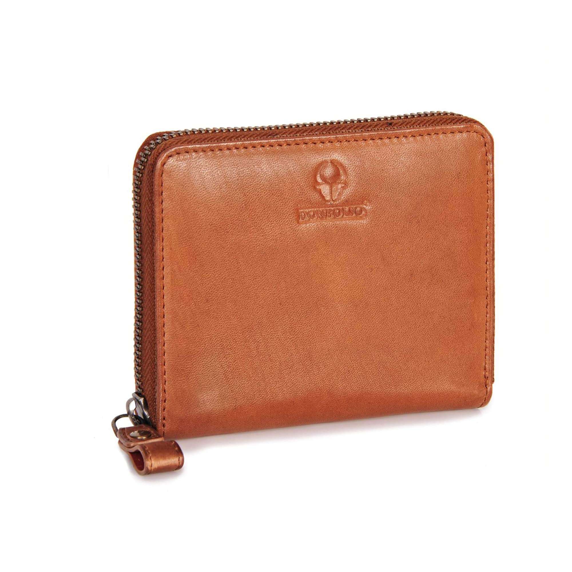 DONBOLSO Montreal Slim Women's Wallet - Cognac Genuine Leather - Secure Zippered Mini Purse with 13 Card Slots - RFID Protection - Elegant Thin Design - Ideal for Ladies, Travel, Business, Everyday