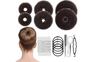 Hair Bun Maker Set for Women & Girls- 6 PCS Ring Style Donuts (2 L,2 M,2 S),Shaper,20 Pins,5 Elastics,4 Pony Tools for Ballet