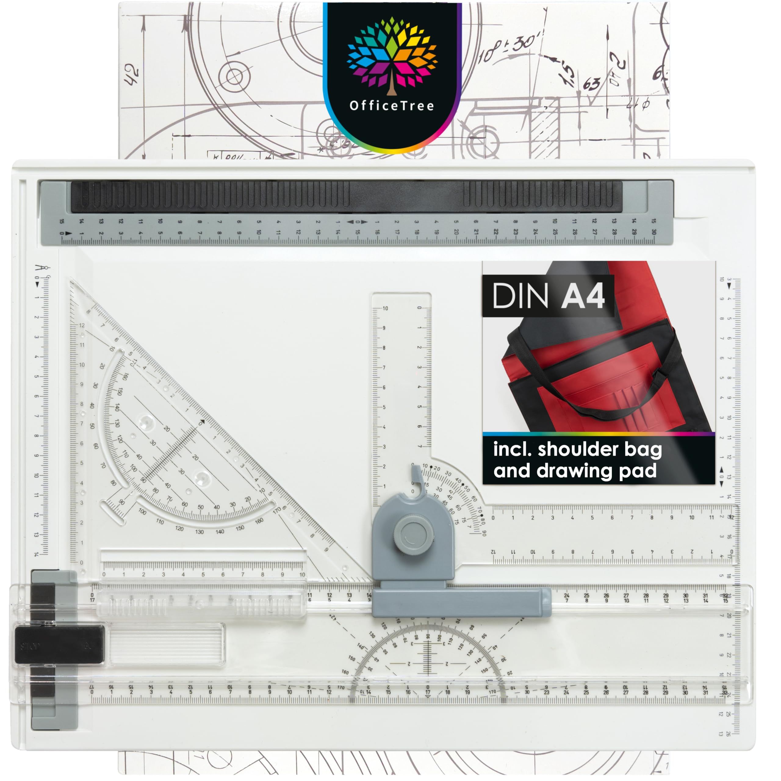 OfficeTree Drawing Board A4 Set - Geo Board - 7 pcs. Technical Drawing Board with Carrying Bag - Architecture Equipment - Architecture Drawing Set - Drafting Table