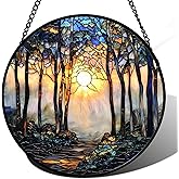DASTOLL Stained Glass Window Hanging, Forest Sunrise Smoke Blue Brown Tree Suncatcher for Doors Window Home Landscape Sun Catchers Decor Mother's Day Birthday Gifts for Women, Men Mom 6.3 in