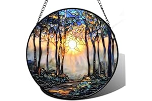 DASTOLL Stained Glass Window Hanging, Forest Sunrise Smoke Blue Brown Tree Suncatcher for Doors Window Home Landscape Sun Catchers Decor Mother's Day Birthday Gifts for Women, Men Mom 9.8 in