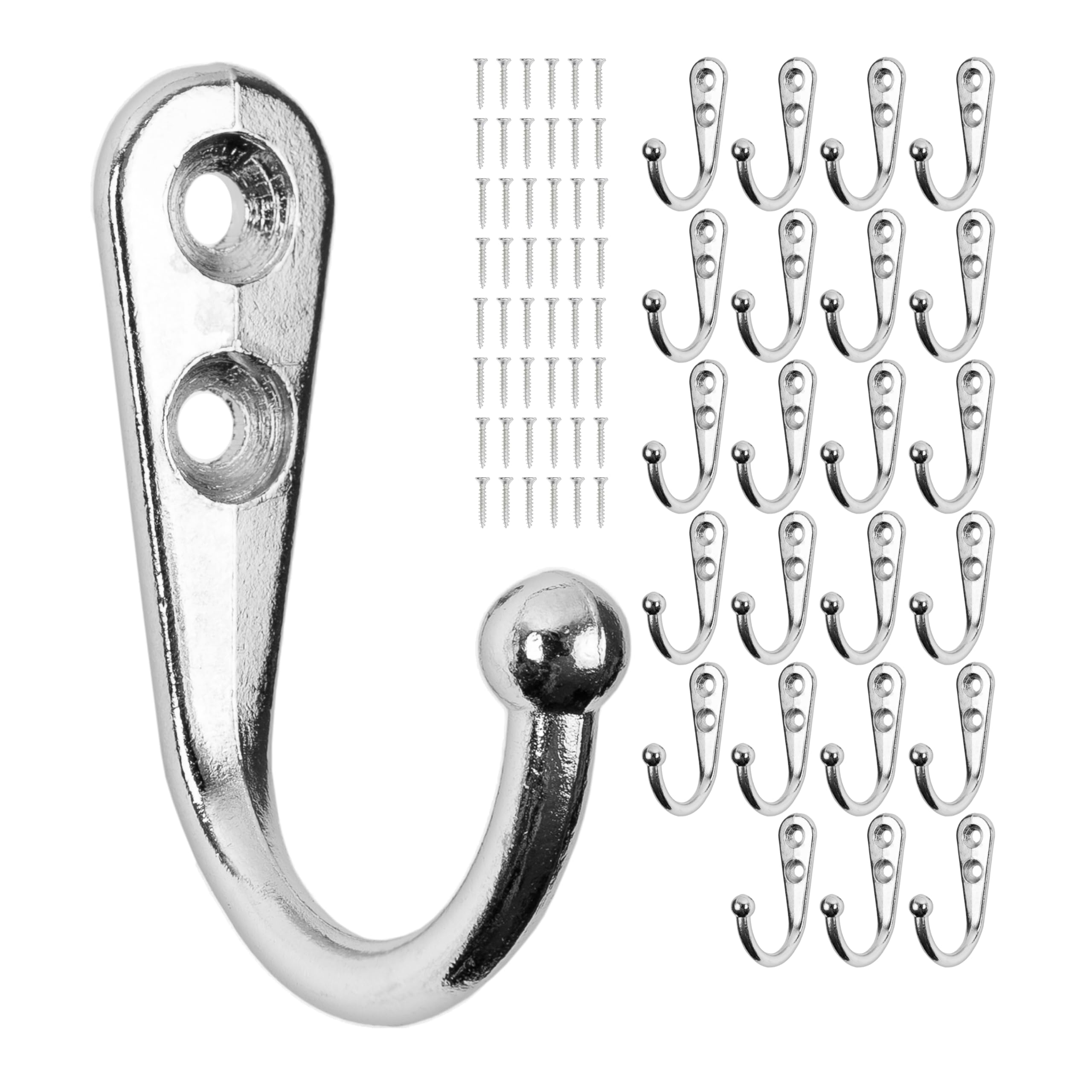 Hooks for screwing, 24 pieces, in silver, outer 42 x 27 x 13 mm, single hook incl. wood screws, coat hanger for door, bathroom, kitchen, hallway, DIY metal holder, coat fastener, hat organizer