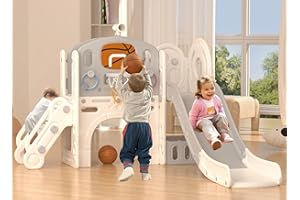 XJD 8 in 1 Toddler Slide Set, Kids Slide for Toddlers Age 1+, Toddler Climber Slide PlaySet with Basketball Hoop and Ball,Outdoor Indoor Playground for Toddlers 1-3 (Beige Grey, 8 in 1)