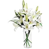 KaBloom - White Lily Bouquet (8 Stems) - With Vase - Fresh Flowers for Birthday, Valentine's & Mother's Day