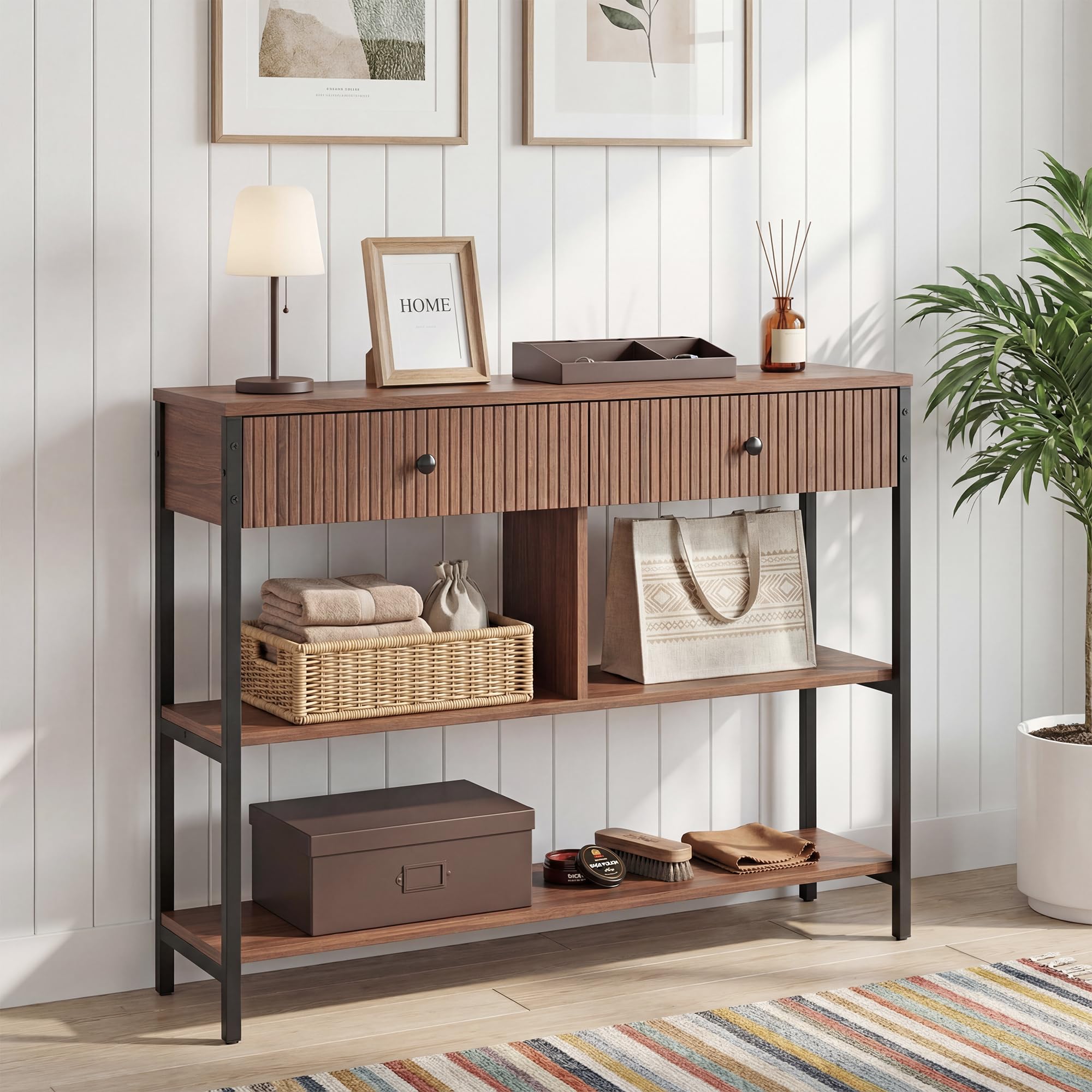 Photo 1 of ***FACTORY SEALED***Manora Fluted Console Table with Wooden Drawers, Slim Entryway Table with Open Shelf, Tall Thin Side Table for Couch, Small Sofa Side Table for Hall, Hallway, Bedroom, Living Room, Foyer, Walnut