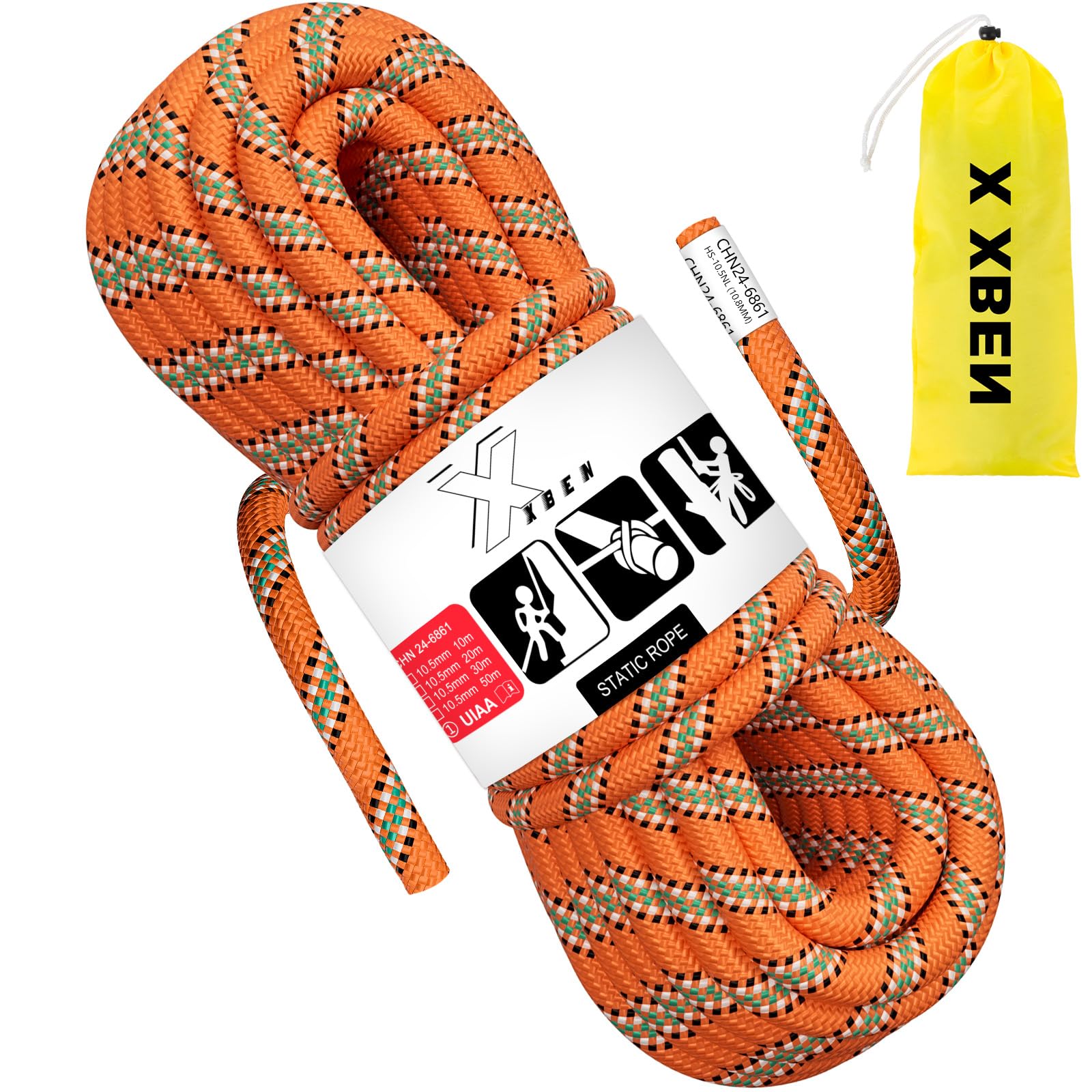 X XBEN Rock Climbing Rope, Static UIAA Mountain Climb Ropes, 10.5MM 96FT Orange Mountaineering Climbing Gear for Rescue, Hiking, Outdoor and Indoor Image