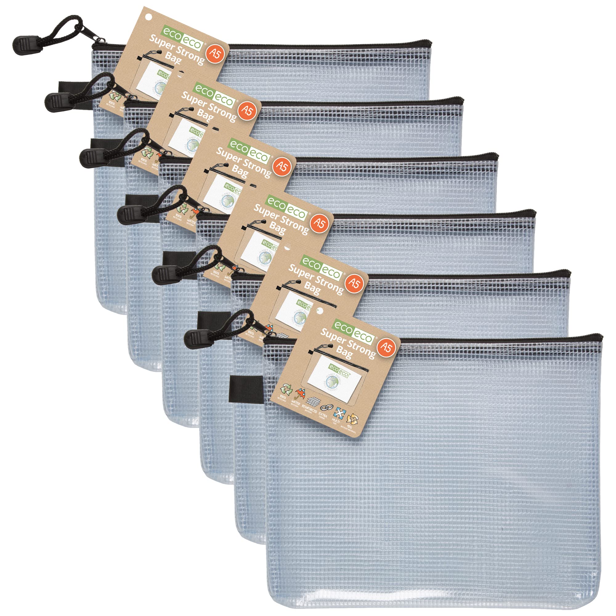 eco-eco A5 95% Recycled Super Strong Bag Waterproof Mesh Tuff Bag Reinforced Black Zip Closure (Pack of 6),eco038x6