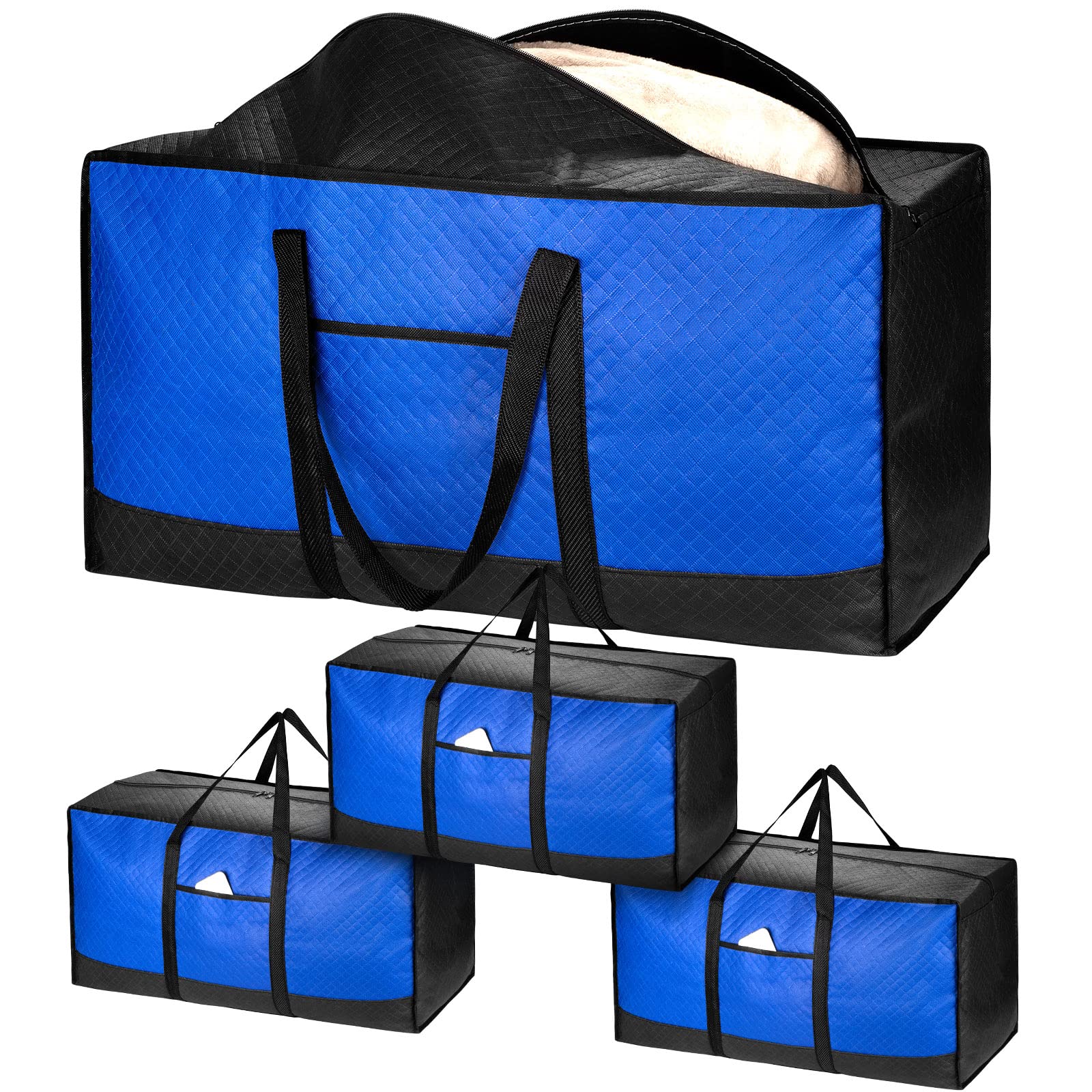 iespell 4 Pack 120L Extra Large Storage Box with Lid for Moving House, Strong Moving Boxes Bags with Zips for Clothes, Duvet, Underbed, Travelling, Packing Box Laundry Bags, Blue+black