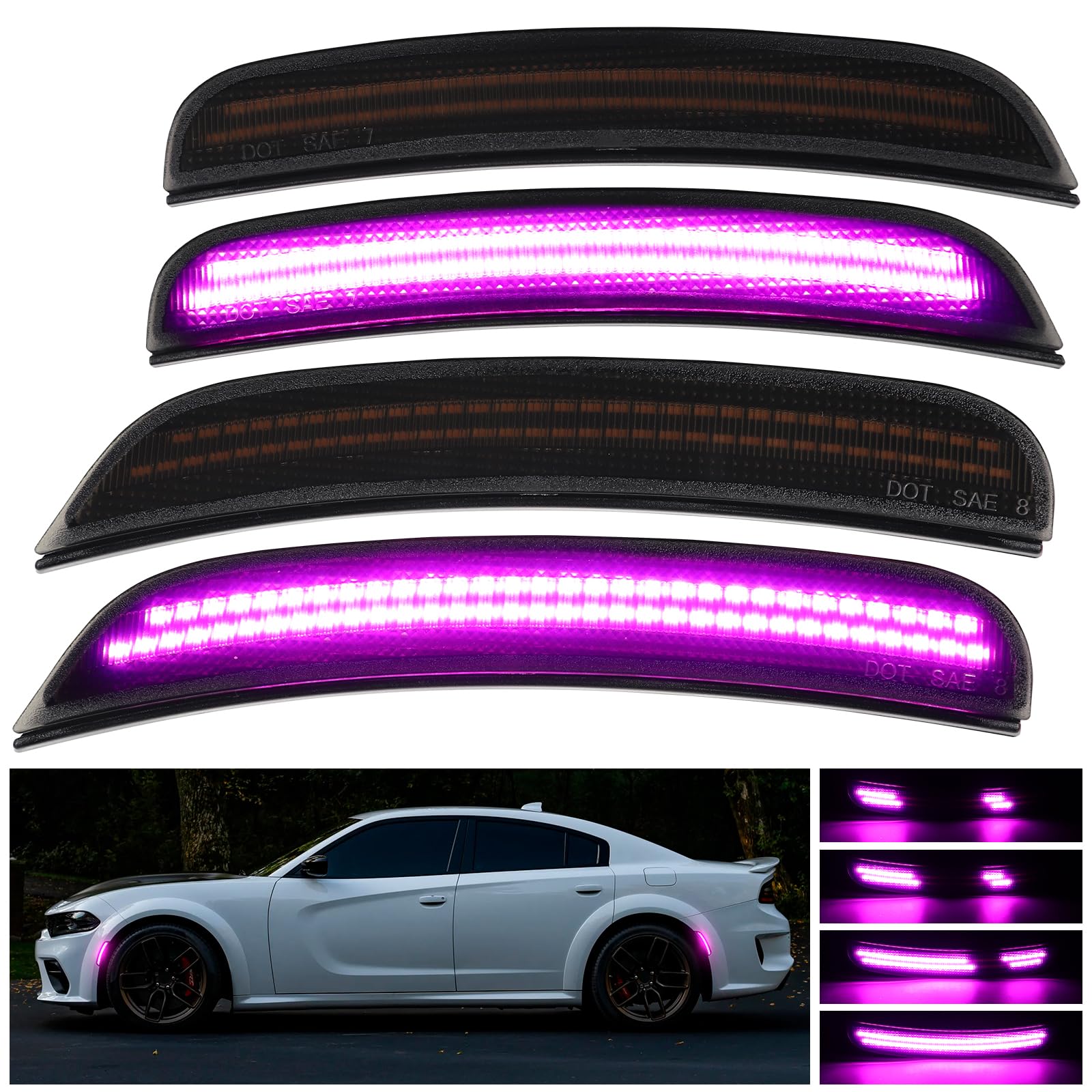 Photo 1 of FetonAuto Dynamic Pink Purple LED Side Marker Lights for Dodge Charger 2015 2016 2017 2018 2019 2020 2021 2022 2023 2024 Front Rear Bumper Sequential Signal Lamps, 4PCS Smoked Lens