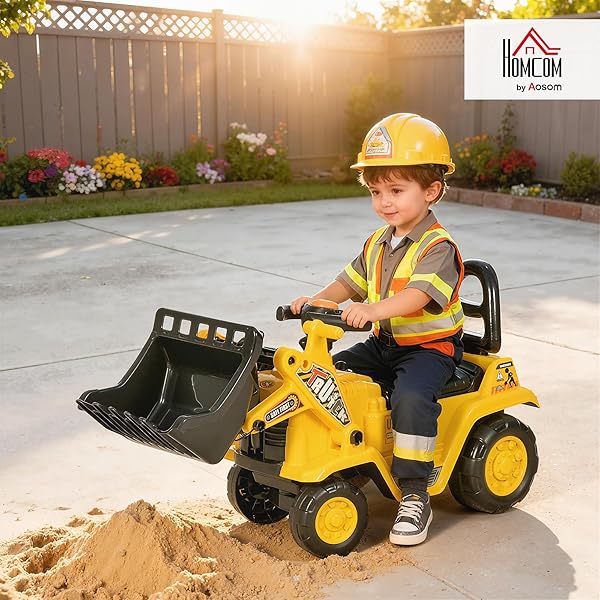 HOMCOM RIDE ON EXCAVATOR, KIDS BULLDOZER PULL CART WITH HORN, UNDER SEAT STORAGE, SIT AND SCOOT PRETEND PLAY TOY CONSTRUCTION CAR FOR AGES 18-48 MONTHS