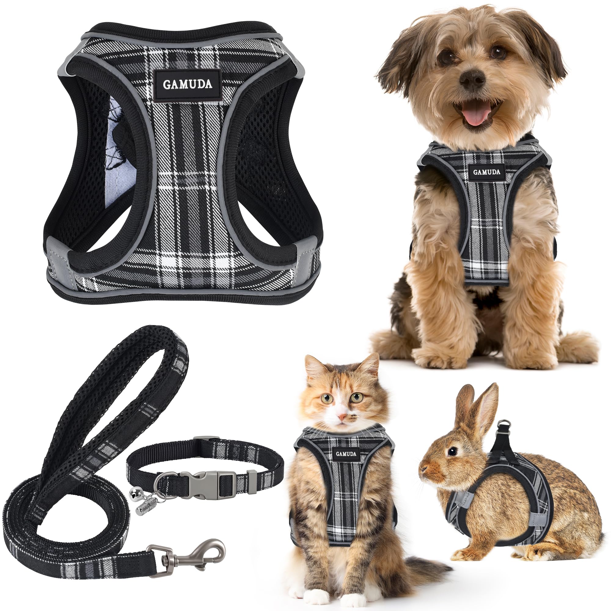 Photo 1 of GAMUDA Small Dog Harness Collar and Leash Set, Step in No Chock No Pull Soft Mesh Adjustable Dog Vest Harnesses Plaid Reflective for Dogs Puppy Cats Kitten Rabbit (Black, M)